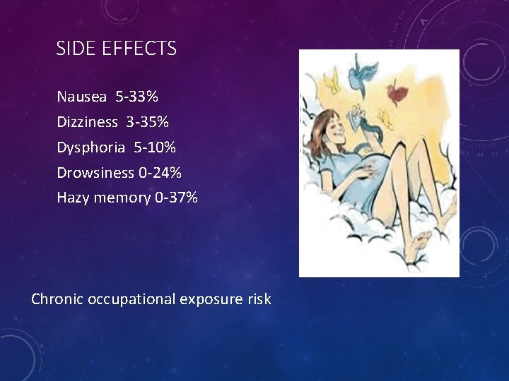 SIDE EFFECTS Nausea 5 -33% Dizziness 3 -35% Dysphoria 5 -10% Drowsiness 0 -24%