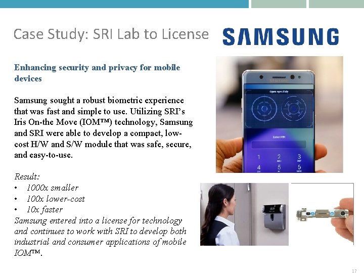 Case Study: SRI Lab to License Enhancing security and privacy for mobile devices Samsung