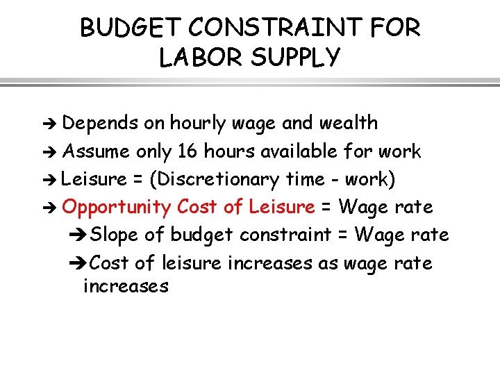 BUDGET CONSTRAINT FOR LABOR SUPPLY è Depends on hourly wage and wealth è Assume