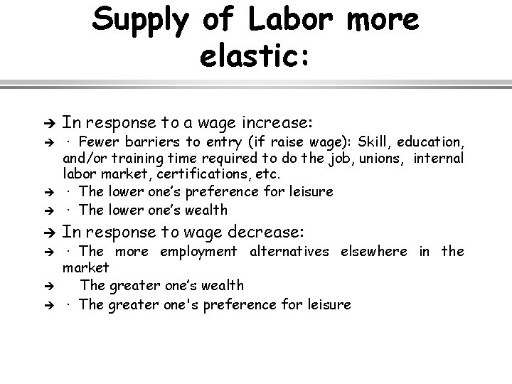 Supply of Labor more elastic: è è è è In response to a wage