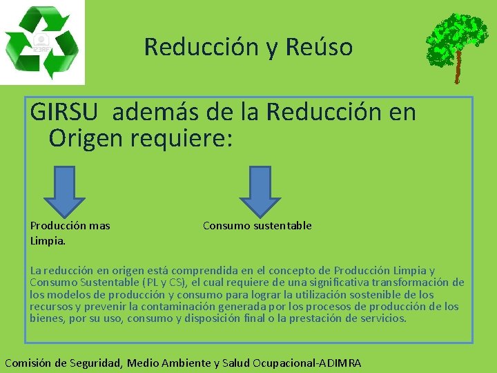 Reducción y Reúso GIRSU además de la Reducción en Origen requiere: Producción mas Consumo