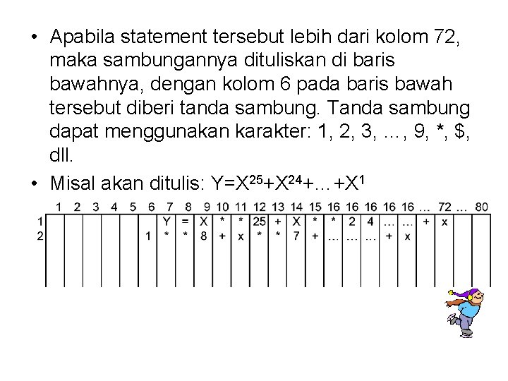  • Apabila statement tersebut lebih dari kolom 72, maka sambungannya dituliskan di baris