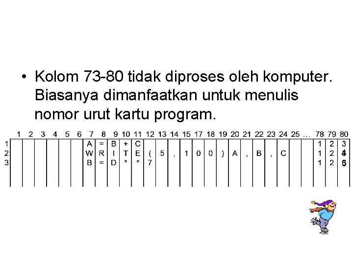  • Kolom 73 -80 tidak diproses oleh komputer. Biasanya dimanfaatkan untuk menulis nomor