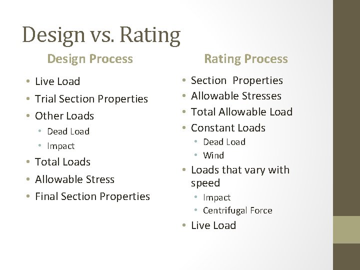 Design vs. Rating Design Process • Live Load • Trial Section Properties • Other