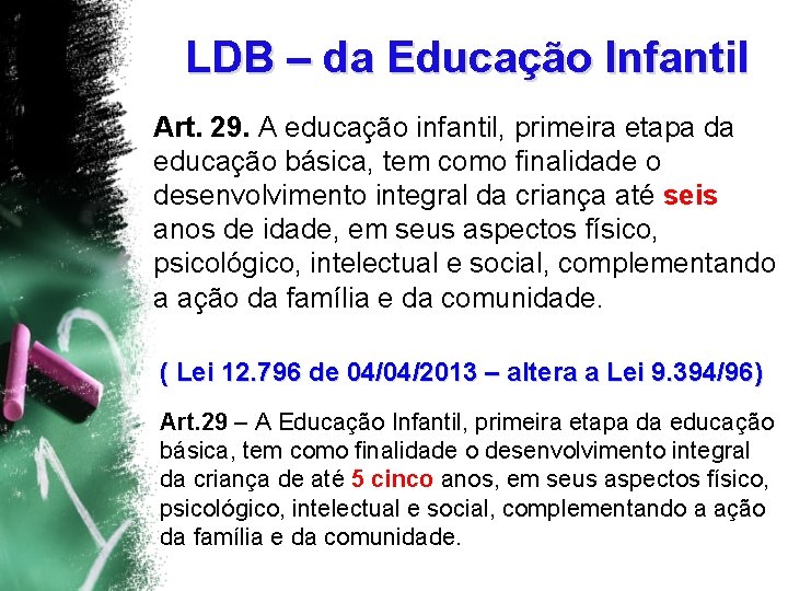 LDB – da Educação Infantil Art. 29. A educação infantil, primeira etapa da educação