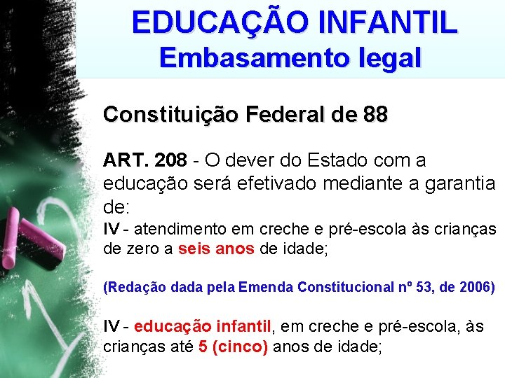 EDUCAÇÃO INFANTIL Embasamento legal Constituição Federal de 88 ART. 208 - O dever do