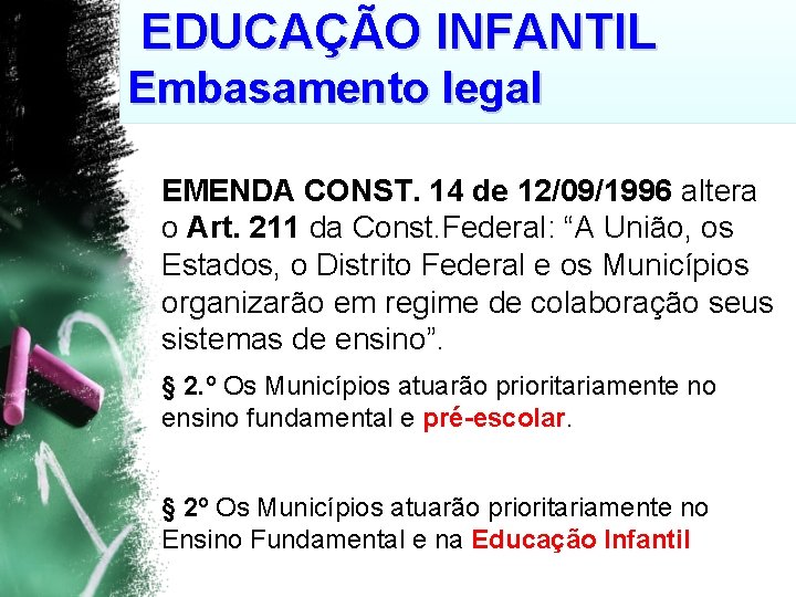 EDUCAÇÃO INFANTIL Embasamento legal EMENDA CONST. 14 de 12/09/1996 altera o Art. 211 da