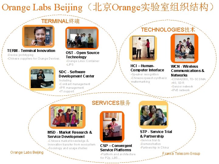 Orange Labs Beijing（北京Orange实验室组织结构） TERMINAL终端 TECHNOLOGIES技术 TERM - Terminal Innovation • Device prototyping • Chinese