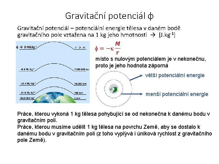 Gravitační potenciál ɸ Gravitační potenciál – potenciální energie tělesa v daném bodě gravitačního pole