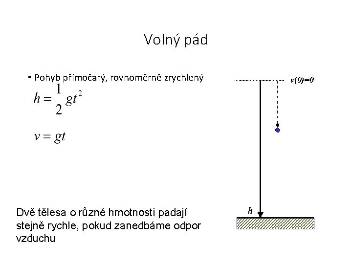 Volný pád • Pohyb přímočarý, rovnoměrně zrychlený Dvě tělesa o různé hmotnosti padají stejně