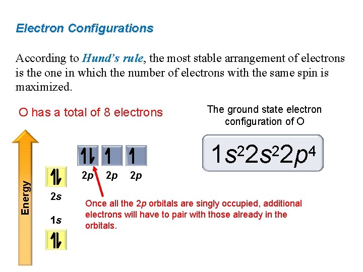 Electron Configurations According to Hund’s rule, the most stable arrangement of electrons is the