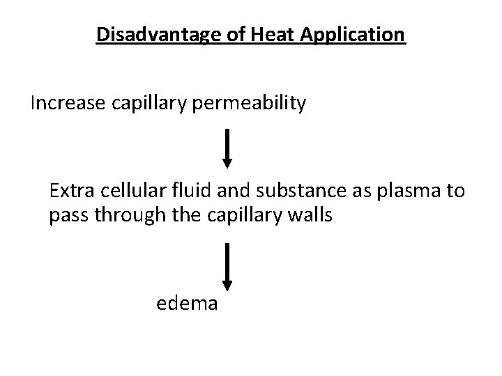Disadvantage of Heat Application Increase capillary permeability Extra cellular fluid and substance as plasma