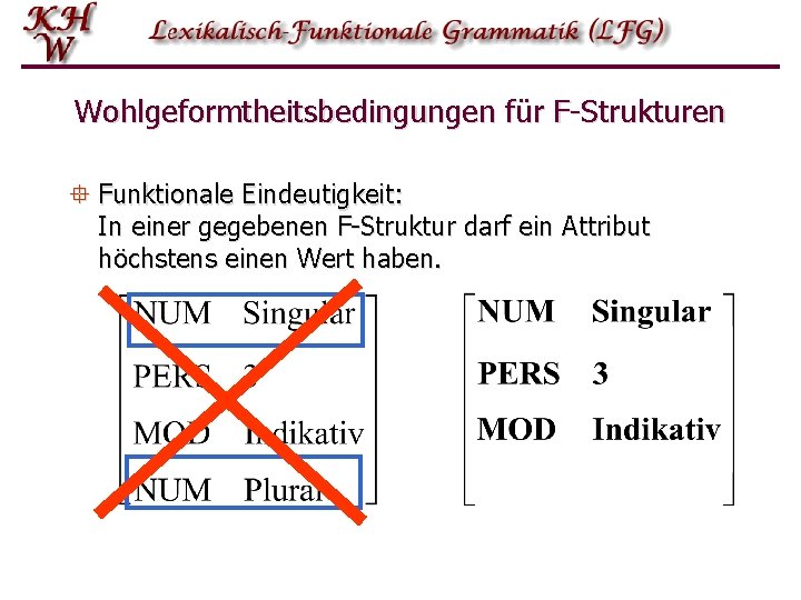 Wohlgeformtheitsbedingungen für F-Strukturen ° Funktionale Eindeutigkeit: In einer gegebenen F-Struktur darf ein Attribut höchstens Wohlgeformtheitsbedingungen für F-Strukturen ° Funktionale Eindeutigkeit: In einer gegebenen F-Struktur darf ein Attribut höchstens