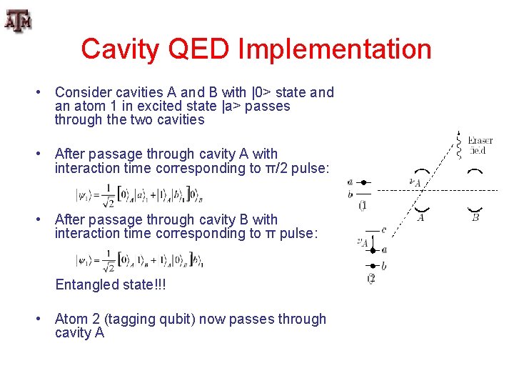 Cavity QED Implementation • Consider cavities A and B with |0> state and an