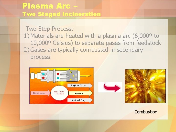 Plasma Arc – Two Staged Incineration Two Step Process: 1) Materials are heated with