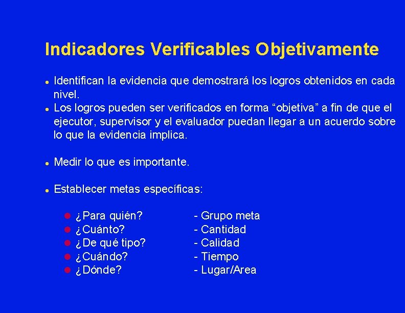 Indicadores Verificables Objetivamente l Identifican la evidencia que demostrará los logros obtenidos en cada