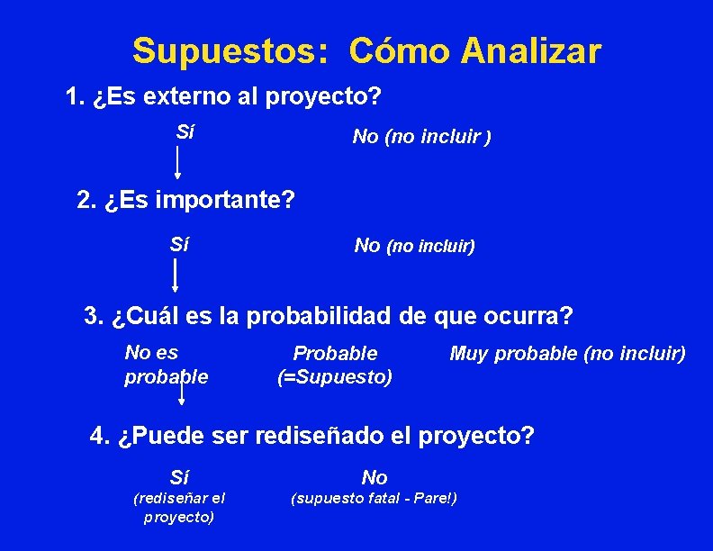 Supuestos: Cómo Analizar 1. ¿Es externo al proyecto? Sí No (no incluir ) 2.