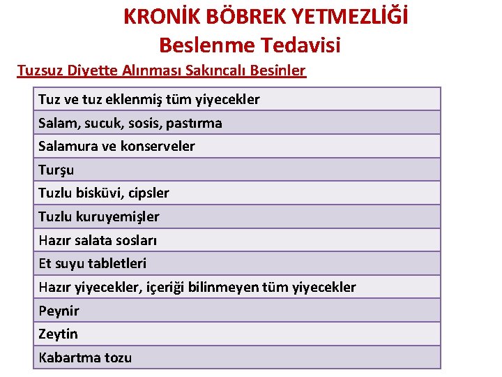 KRONİK BÖBREK YETMEZLİĞİ Beslenme Tedavisi Tuzsuz Diyette Alınması Sakıncalı Besinler Tuz ve tuz eklenmiş