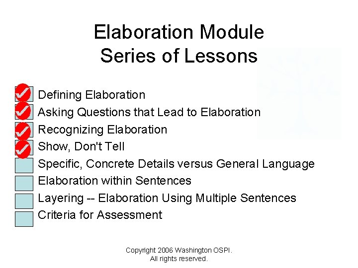 Elaboration Module Series of Lessons • • Defining Elaboration Asking Questions that Lead to