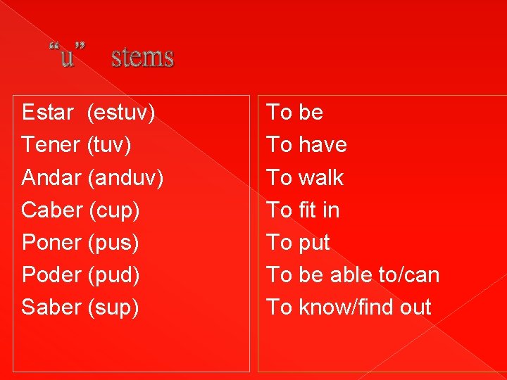 “u” stems Estar (estuv) Tener (tuv) Andar (anduv) Caber (cup) Poner (pus) Poder (pud) “u” stems Estar (estuv) Tener (tuv) Andar (anduv) Caber (cup) Poner (pus) Poder (pud)