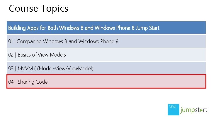 Course Topics Building Apps for Both Windows 8 and Windows Phone 8 Jump Start