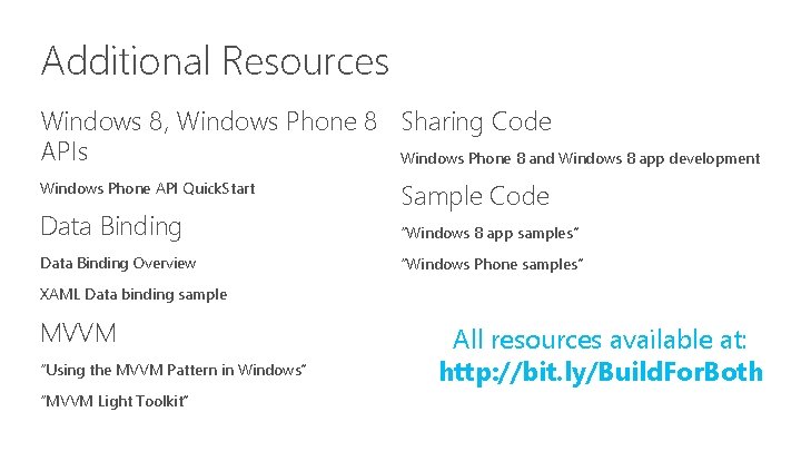 Additional Resources Windows 8, Windows Phone 8 Sharing Code APIs Windows Phone 8 and