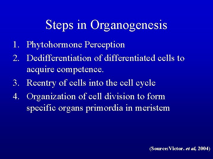 Steps in Organogenesis 1. Phytohormone Perception 2. Dedifferentiation of differentiated cells to acquire competence.