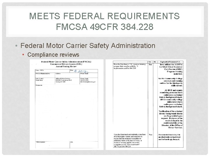 MEETS FEDERAL REQUIREMENTS FMCSA 49 CFR 384. 228 • Federal Motor Carrier Safety Administration
