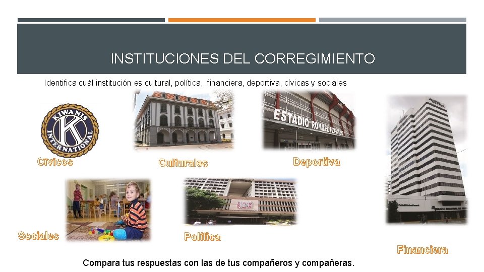 INSTITUCIONES DEL CORREGIMIENTO Identifica cuál institución es cultural, política, financiera, deportiva, cívicas y sociales