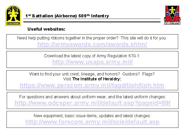 1 st Battalion (Airborne) 509 th Infantry Useful websites: Need help putting ribbons together