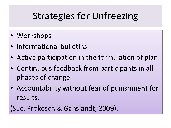 Strategies for Unfreezing Workshops Informational bulletins Active participation in the formulation of plan. Continuous