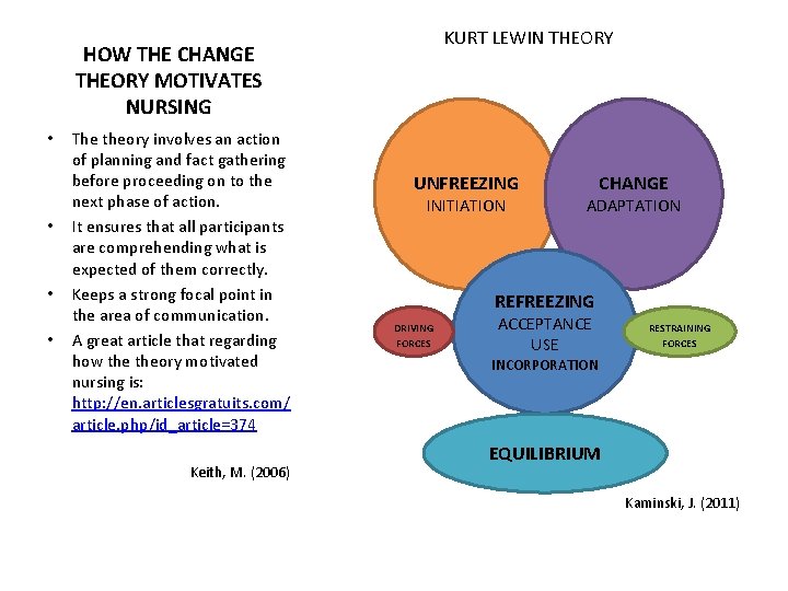 KURT LEWIN THEORY HOW THE CHANGE THEORY MOTIVATES NURSING • • The theory involves