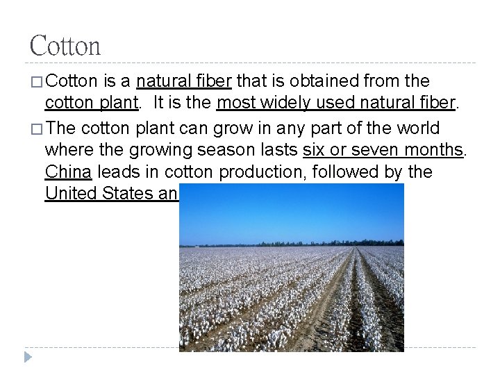 Cotton � Cotton is a natural fiber that is obtained from the cotton plant.