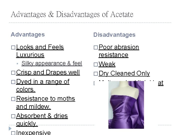 Advantages & Disadvantages of Acetate Advantages Disadvantages � Looks � Poor and Feels Luxurious