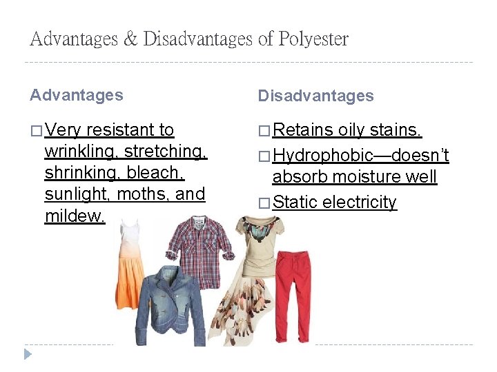 Advantages & Disadvantages of Polyester Advantages Disadvantages � Very � Retains resistant to wrinkling,