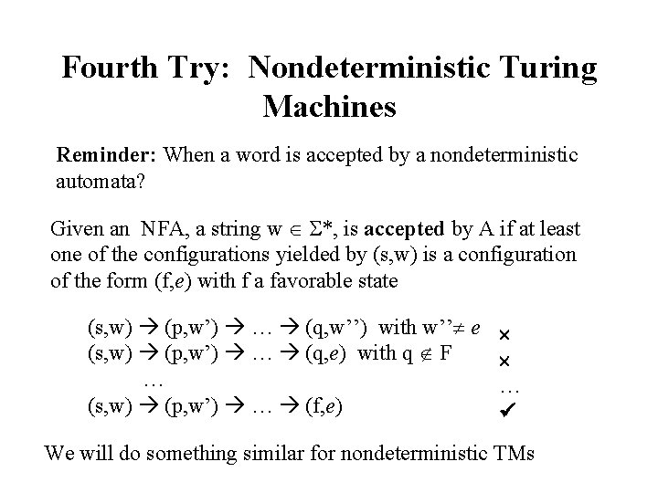 Fourth Try: Nondeterministic Turing Machines Reminder: When a word is accepted by a nondeterministic