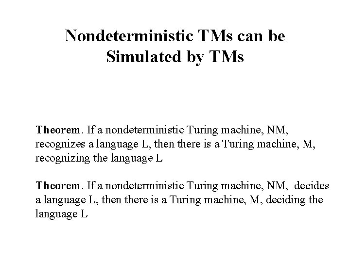 Nondeterministic TMs can be Simulated by TMs Theorem. If a nondeterministic Turing machine, NM,