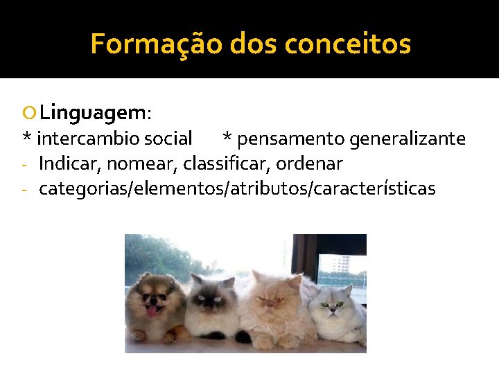 Formação dos conceitos Linguagem: * intercambio social * pensamento generalizante - Indicar, nomear, classificar,