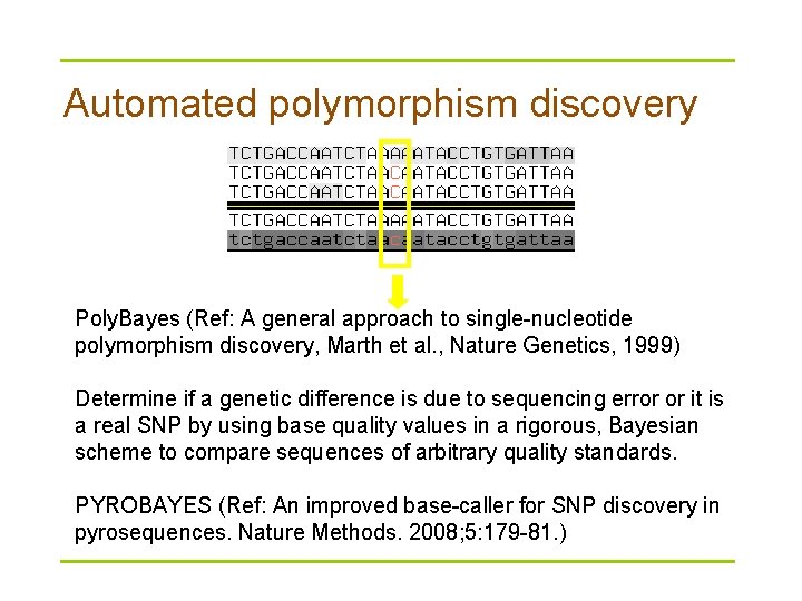 Automated polymorphism discovery Poly. Bayes (Ref: A general approach to single-nucleotide polymorphism discovery, Marth