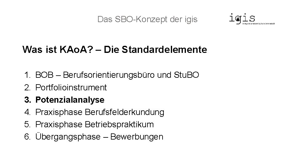 Das SBO-Konzept der igis Was ist KAo. A? – Die Standardelemente 1. 2. 3.