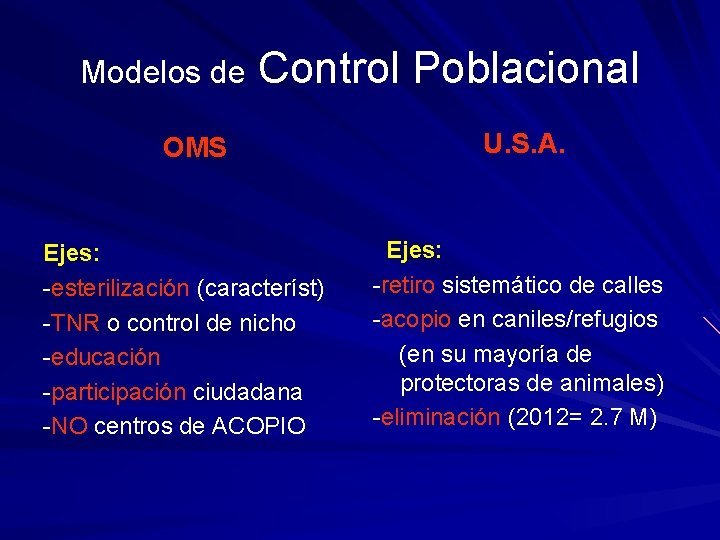 Modelos de Control Poblacional OMS Ejes: -esterilización (característ) -TNR o control de nicho -educación