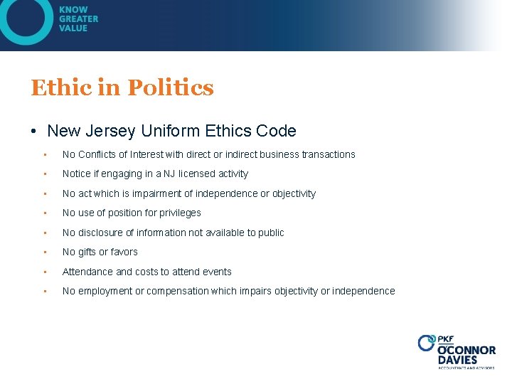 Ethic in Politics • New Jersey Uniform Ethics Code • No Conflicts of Interest