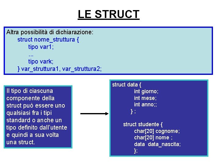 LE STRUCT Altra possibilità di dichiarazione: struct nome_struttura { tipo var 1; . .