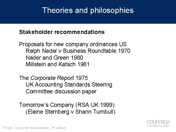 Theories and philosophies Stakeholder recommendations Proposals for new company ordinances US Ralph Nader v