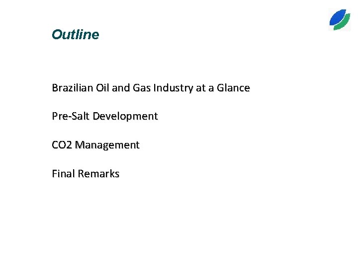 Outline Brazilian Oil and Gas Industry at a Glance Pre-Salt Development CO 2 Management