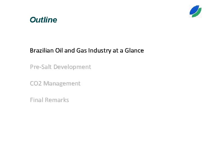 Outline Brazilian Oil and Gas Industry at a Glance Pre-Salt Development CO 2 Management