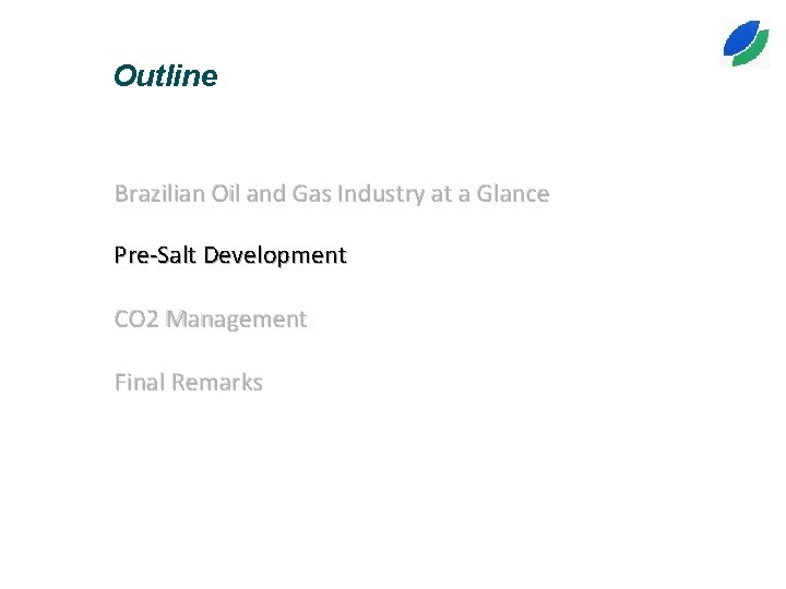 Outline Brazilian Oil and Gas Industry at a Glance Pre-Salt Development CO 2 Management