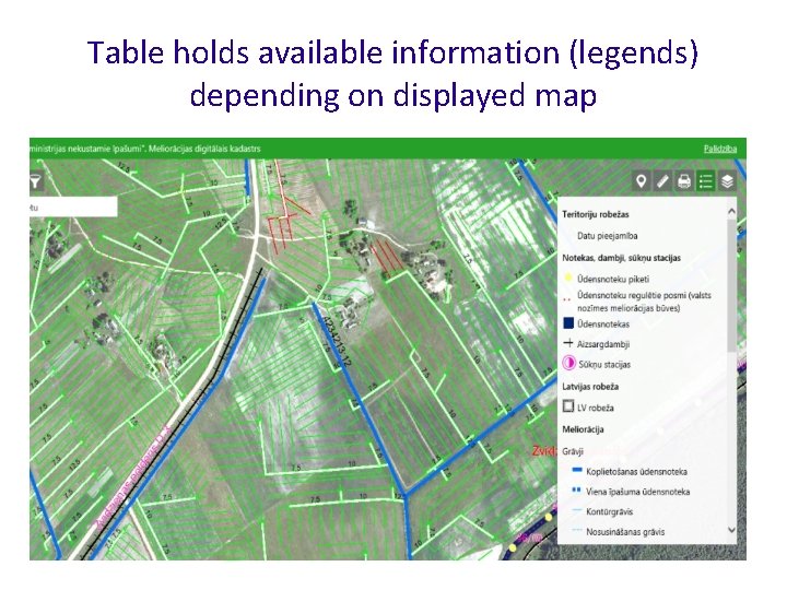 Table holds available information (legends) depending on displayed map 