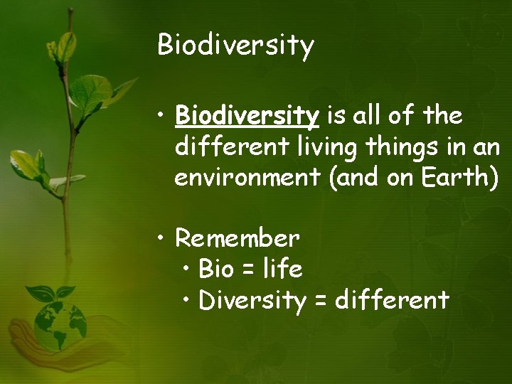 Biodiversity • Biodiversity is all of the different living things in an environment (and