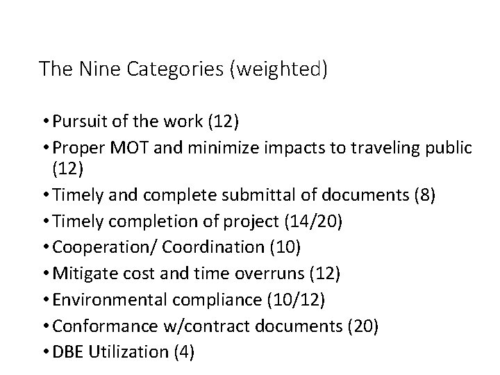 The Nine Categories (weighted) • Pursuit of the work (12) • Proper MOT and